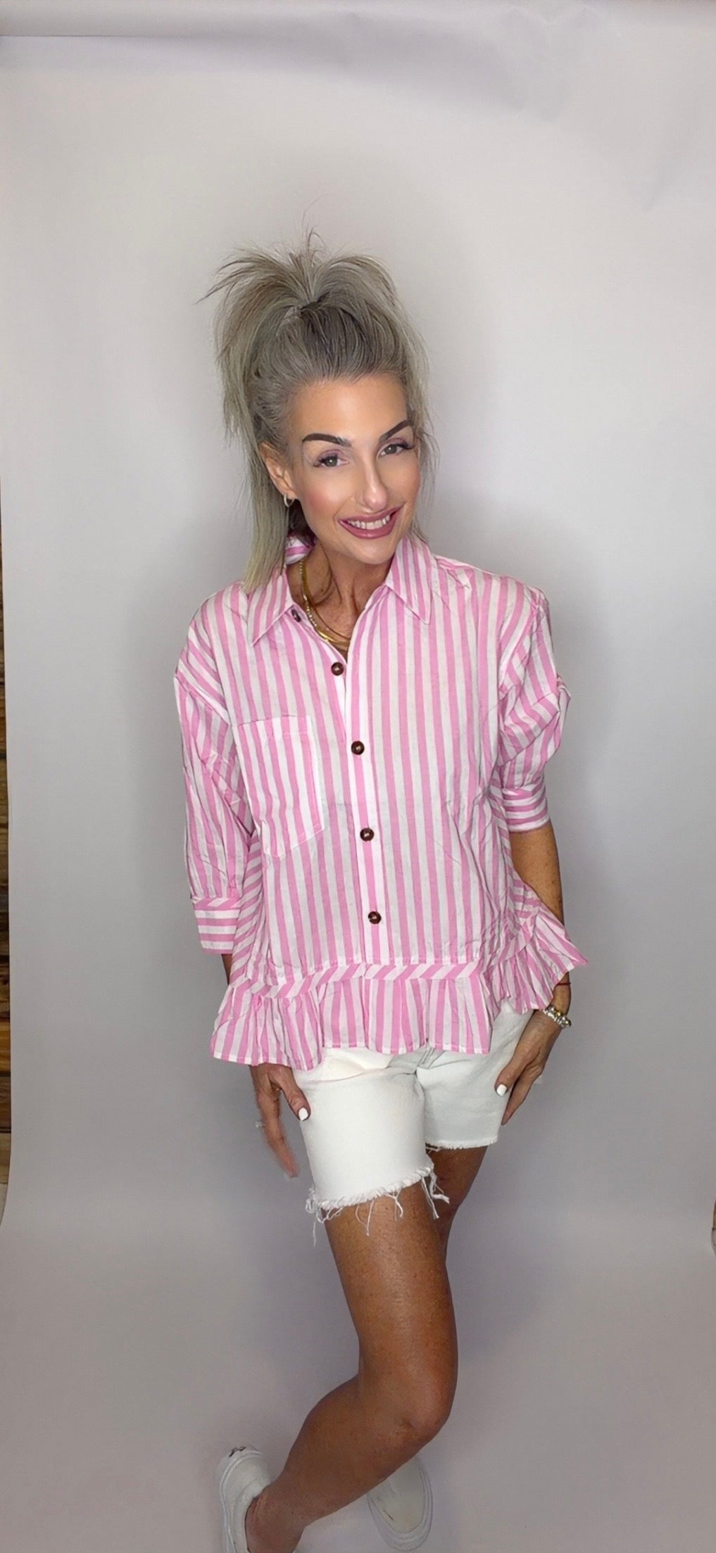 STRIPED BUTTON DOWN RUFFLE TOP