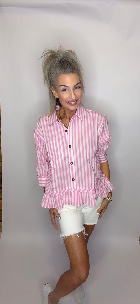 STRIPED BUTTON DOWN RUFFLE TOP