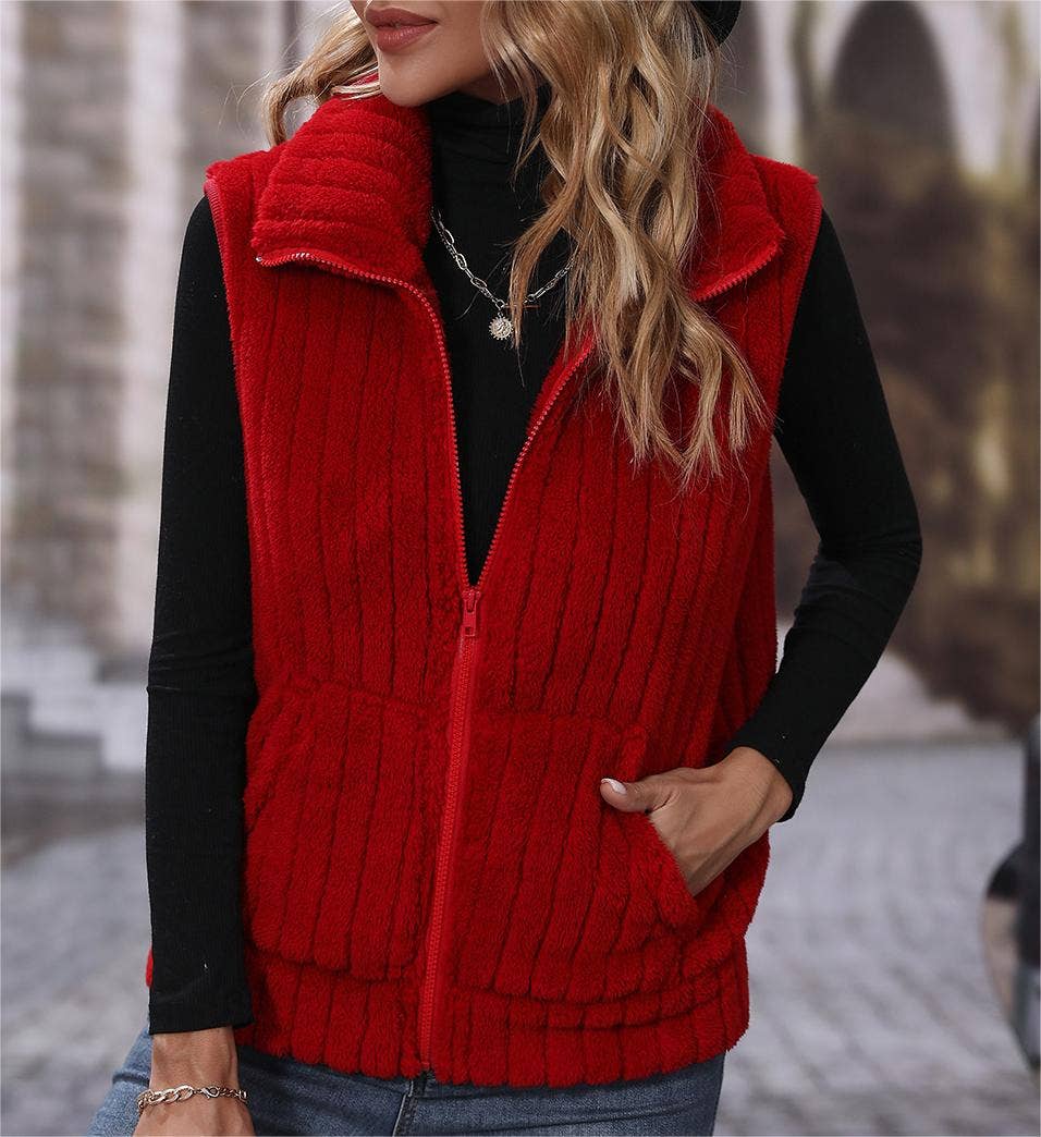 Fall warm sleeveless zip plush fleece outerwear vest