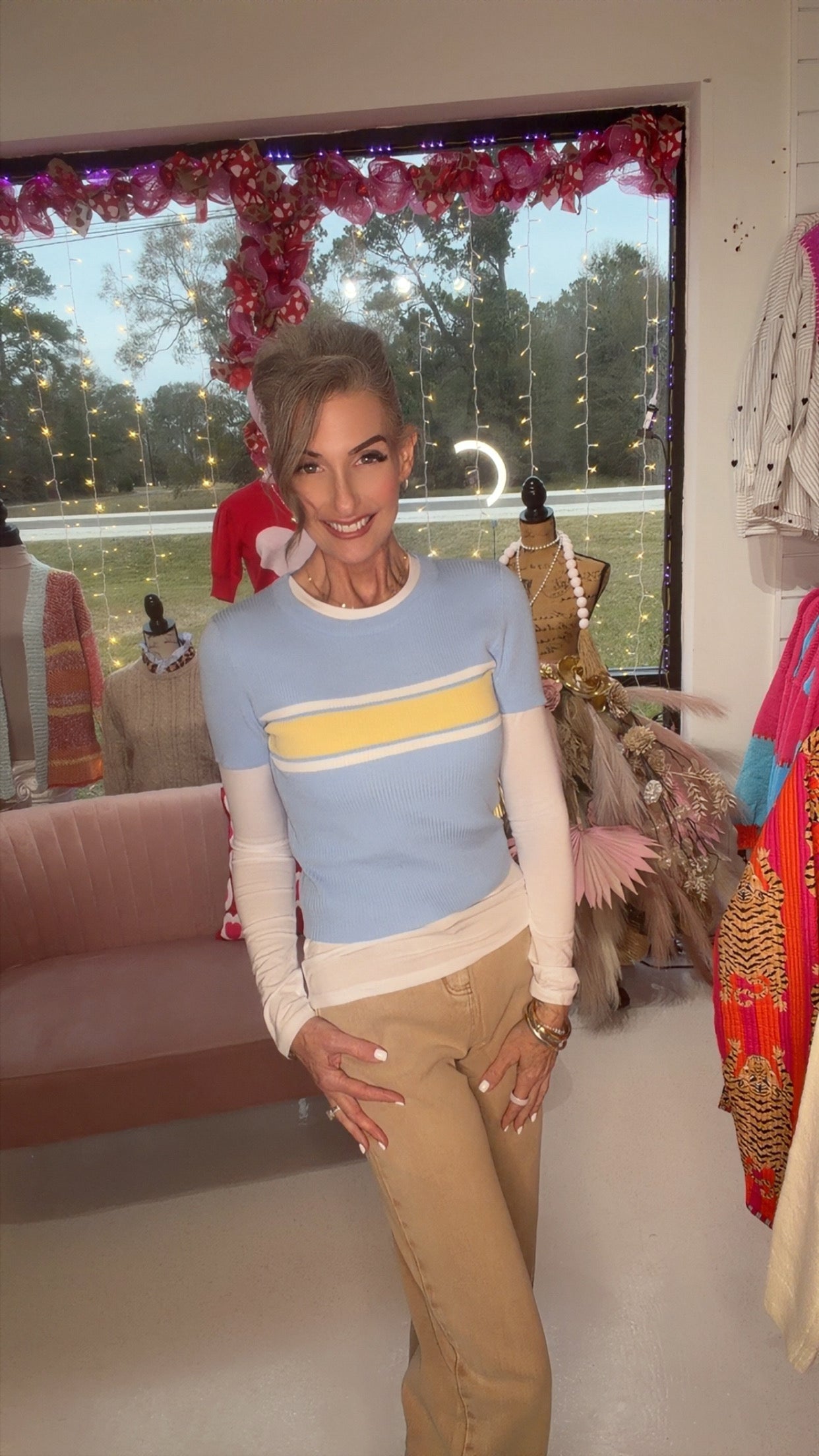 Short Sleeve Crew Neck Multi Striped Knit Top