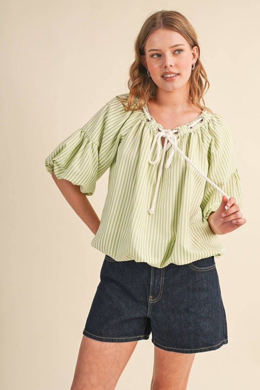 STRIPED BUBBLE TOP WITH GROMMET NECKLINE