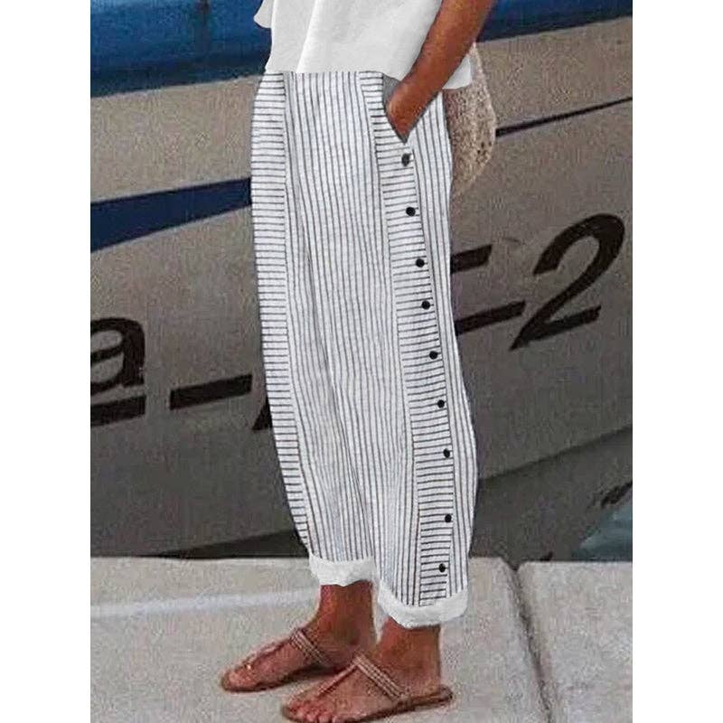 Loose Buttoned Pockets Striped Pants Trousers