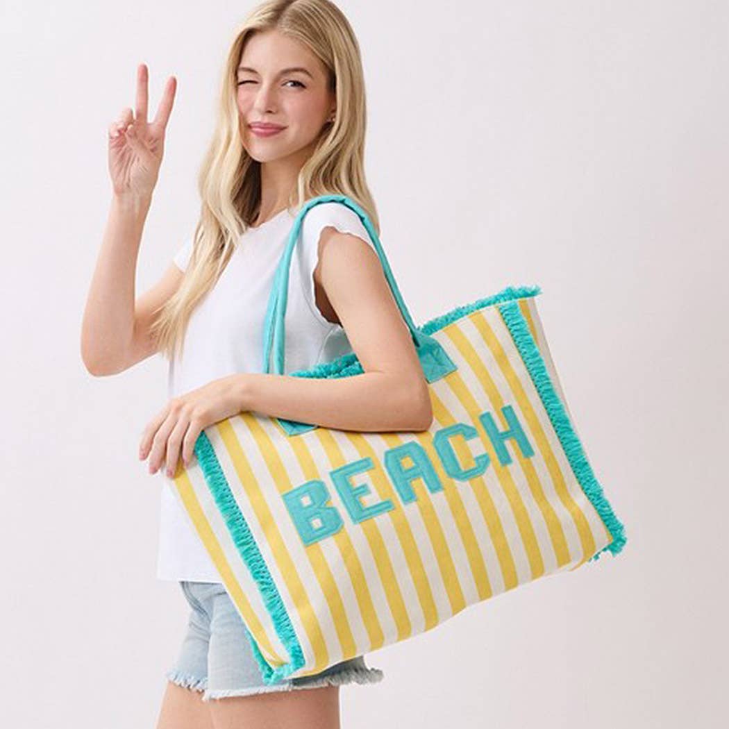 Embroidered Beach Letter Terry Cloth Frayed Striped Tote Ba