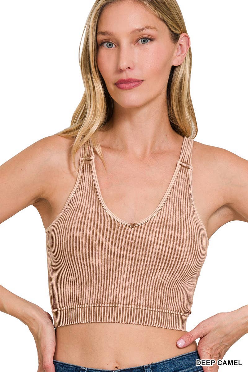 Washed Ribbed Cropped Seamless Bra Padded Tank Top
