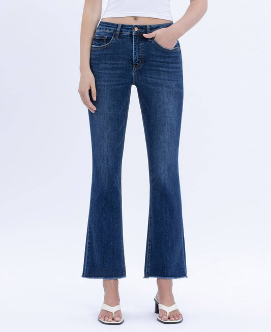 TUMMY CONTROL HIGH RISE RAW HEM KICK FLARE JEANS L