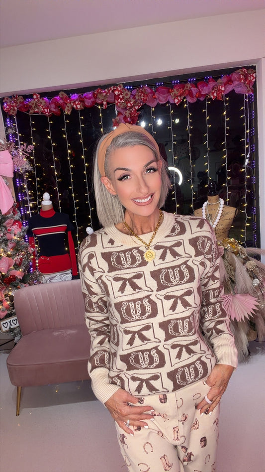 Vintage Western Cowboy Bow Print Knit Sweater