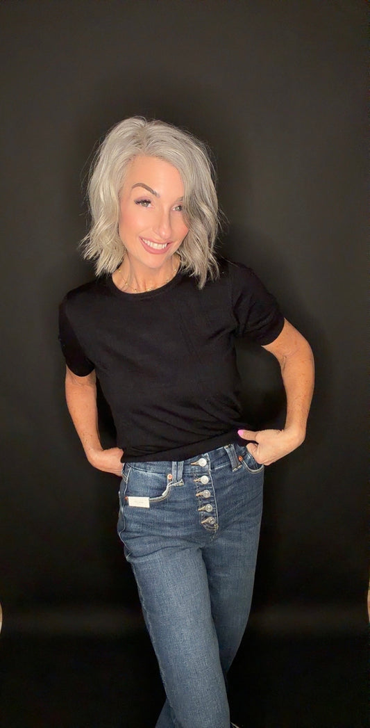 Soft Short Puffy Sleeve Basic Stretchy Knit Top