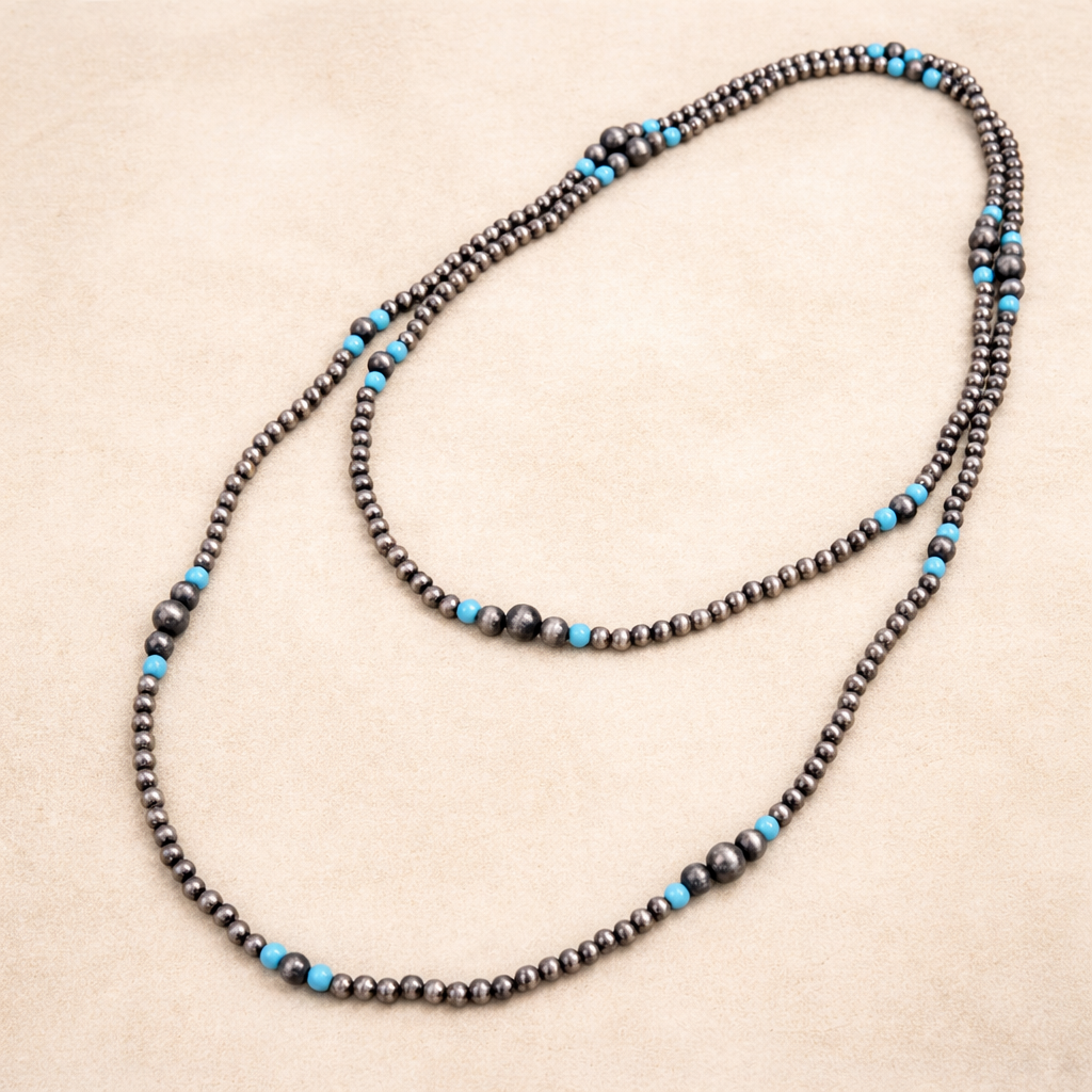 Long Western Style Navajo Pearl Turquoise Stone Necklace