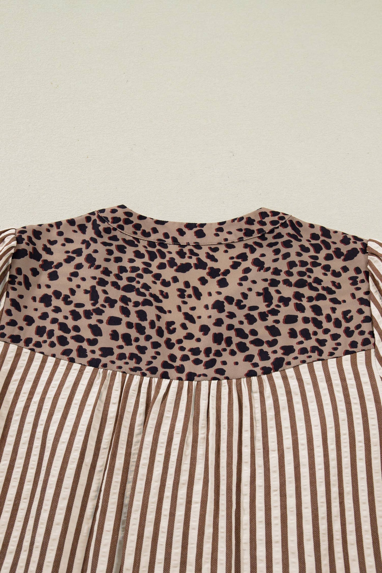 Leopard Trim Button Down Stripe Half Sleeve Shirt