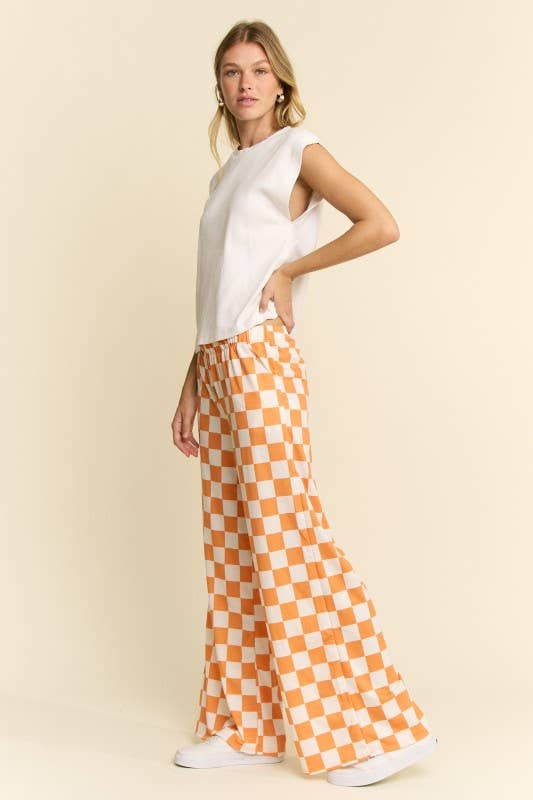 HIGH WAIST CHECKERED STRAIGHT LEG KNIT PANTS