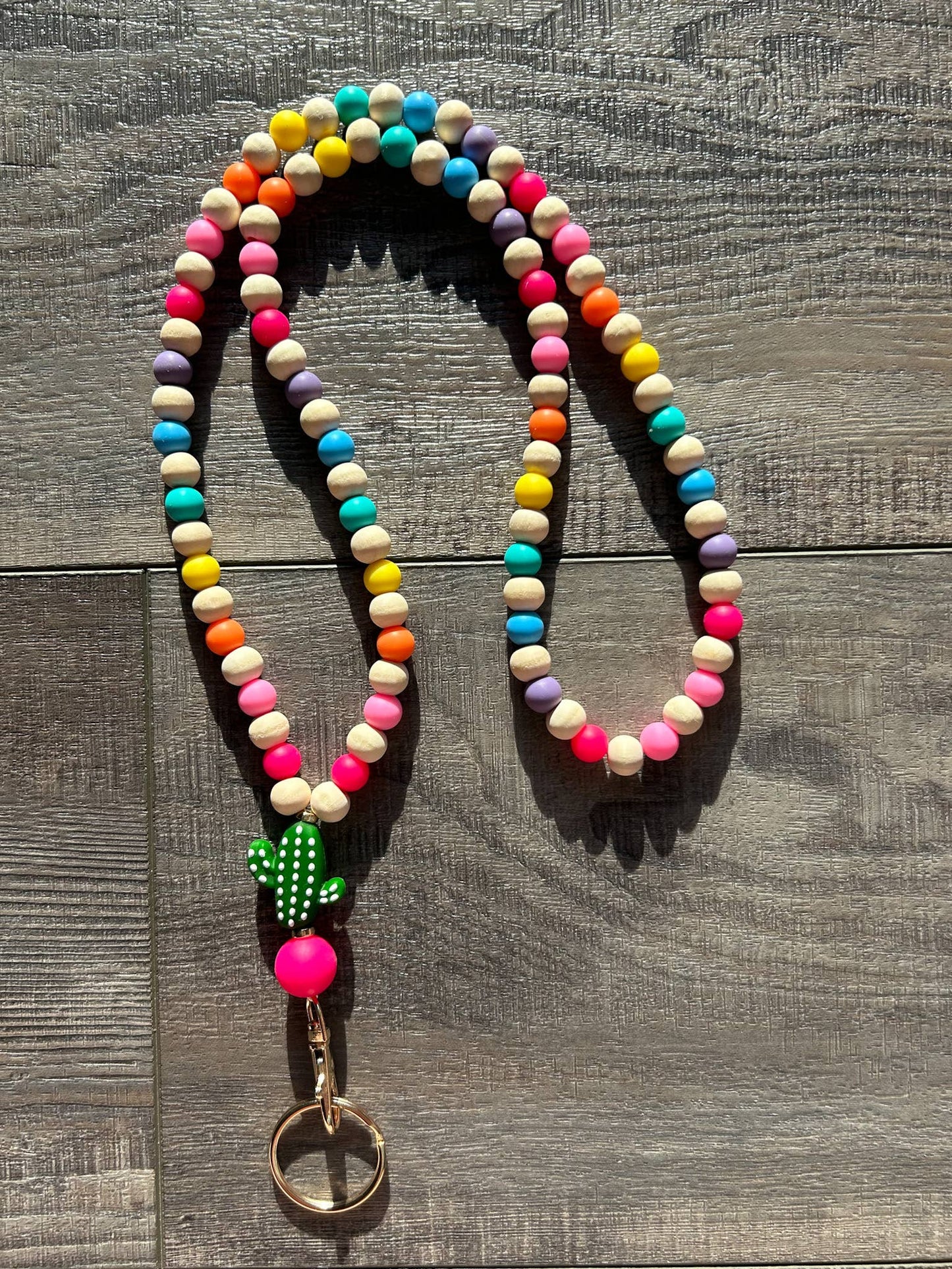Colorful Beaded Teacher Lanyard with Cactus