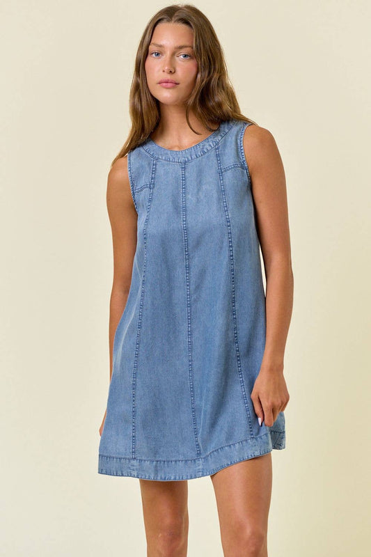 Chambray Round Neckline Sleeveless A-Line Mini Dress