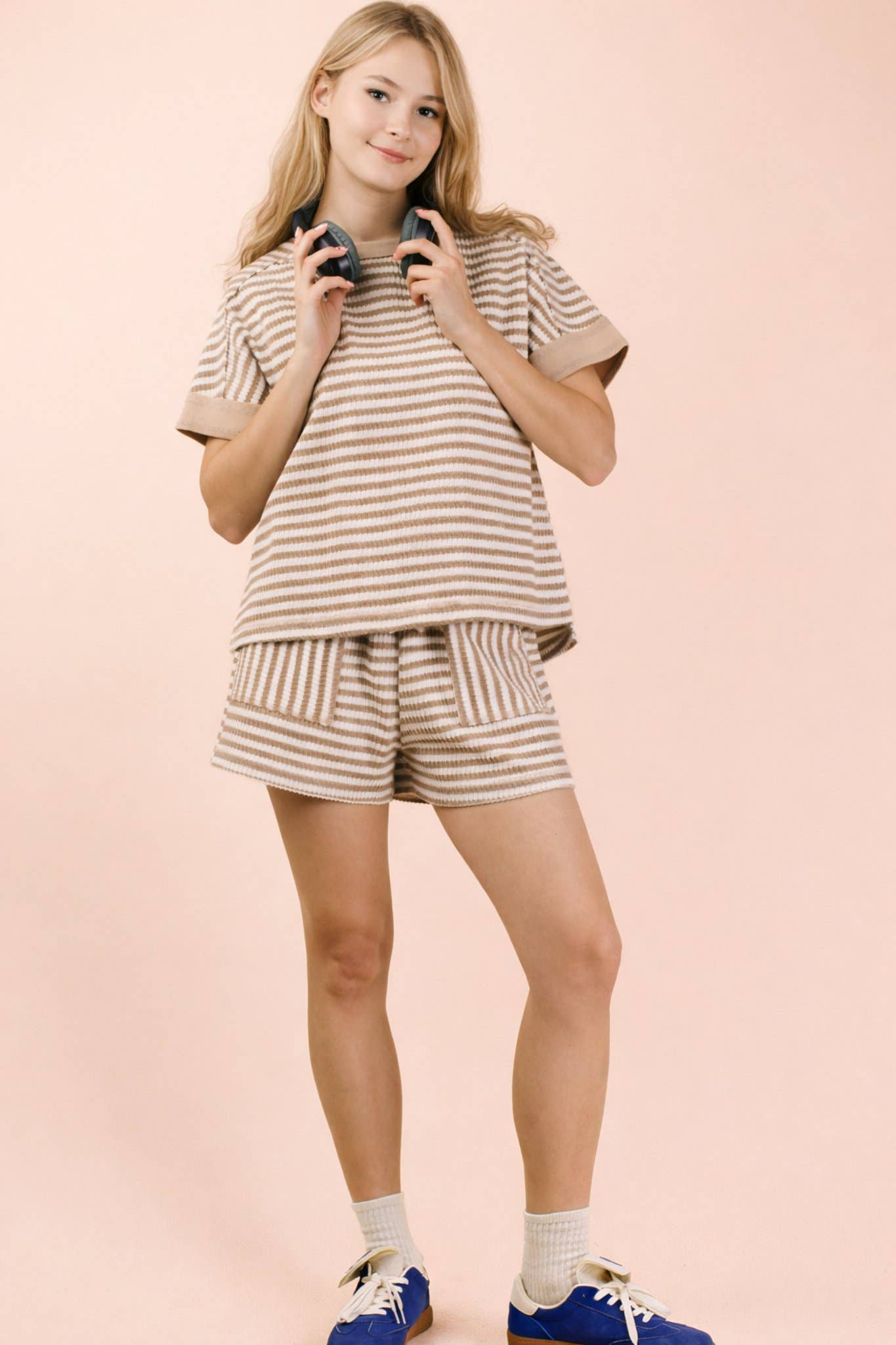 Striped Comfy Knit Top & Shorts Set