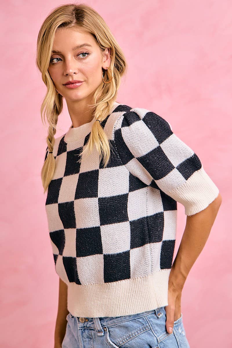 Gameday Theme Checker Patterned Puff Sleeves Knit Top