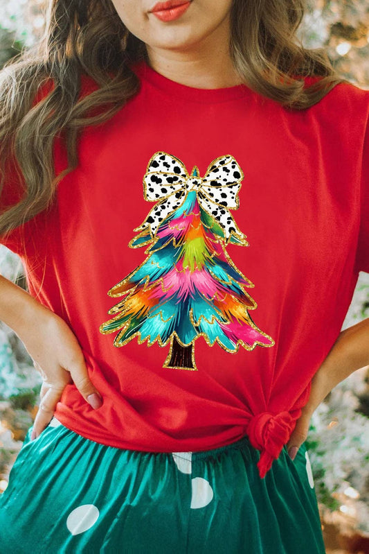 Red Christmas Tree Bow Graphic Holiday Casual T Shirt