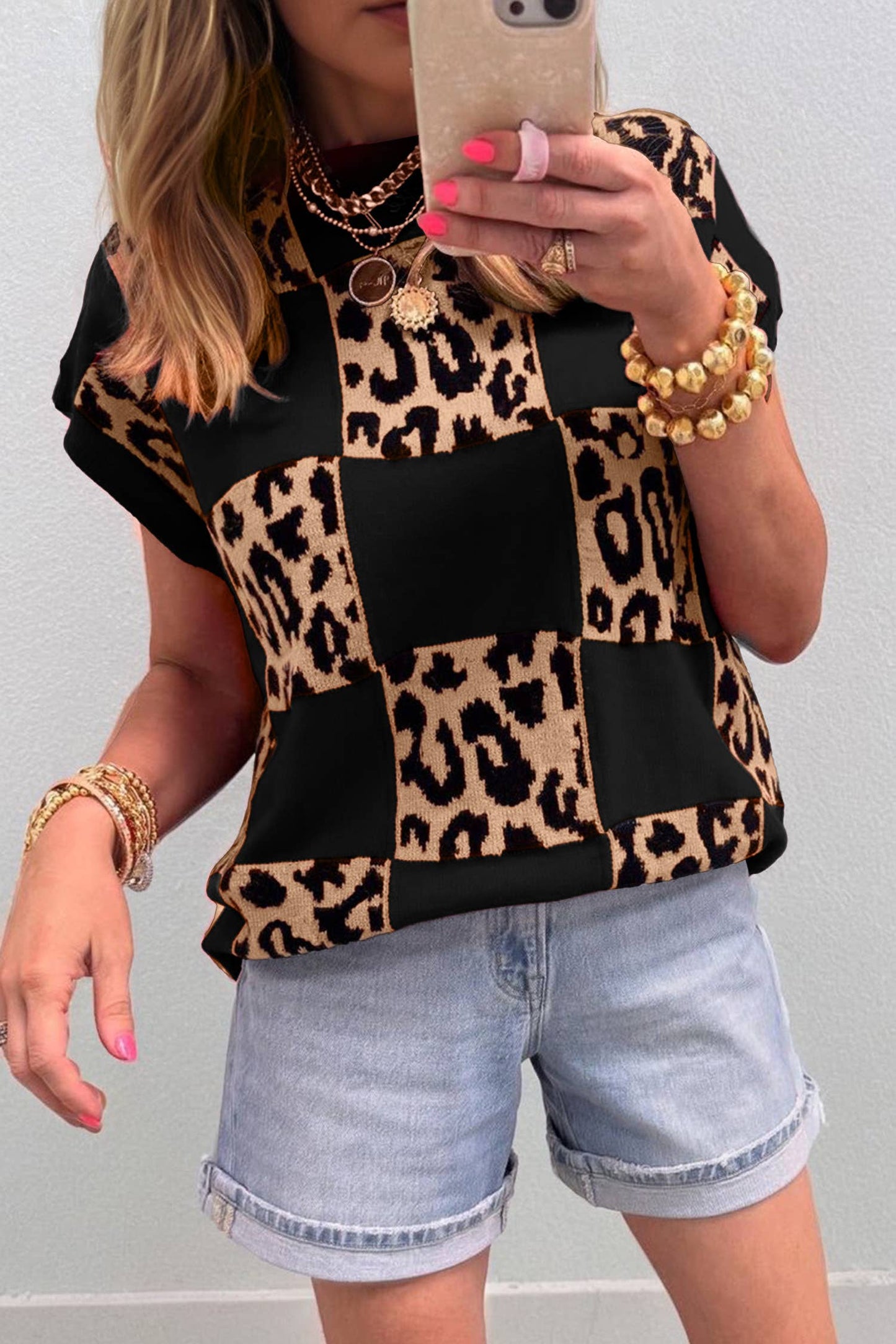 66Plus Size Leopard Checkerboard Short Sleeve Sweater