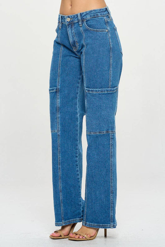 Medium Wash - Mid Rise Cargo Wide Leg Jeans