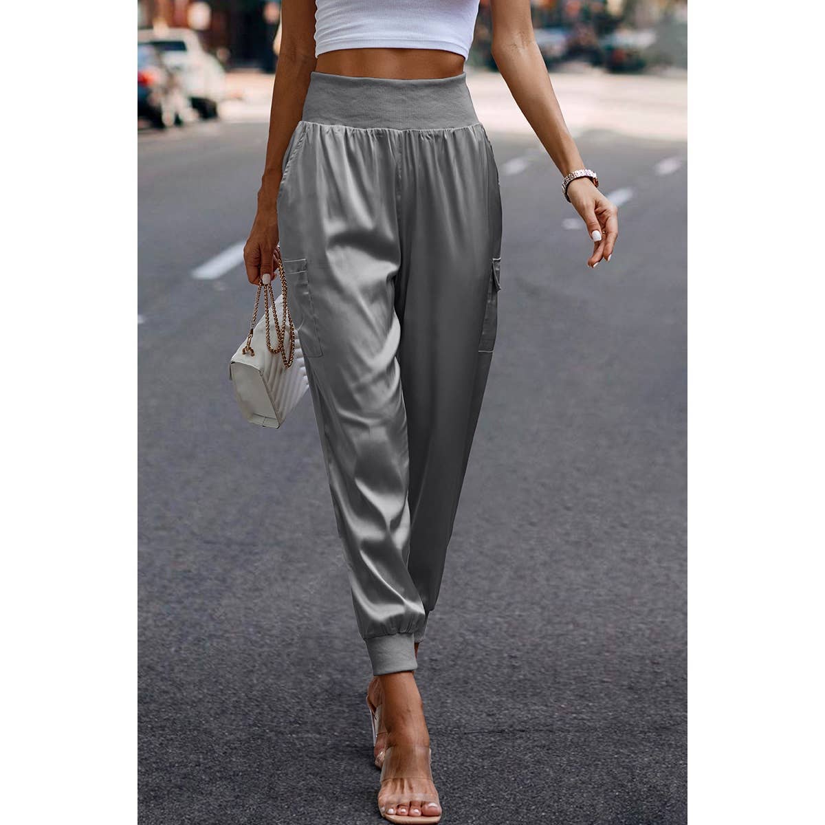 Elastic High Waist Sweatpants Sporty Pocket Pants