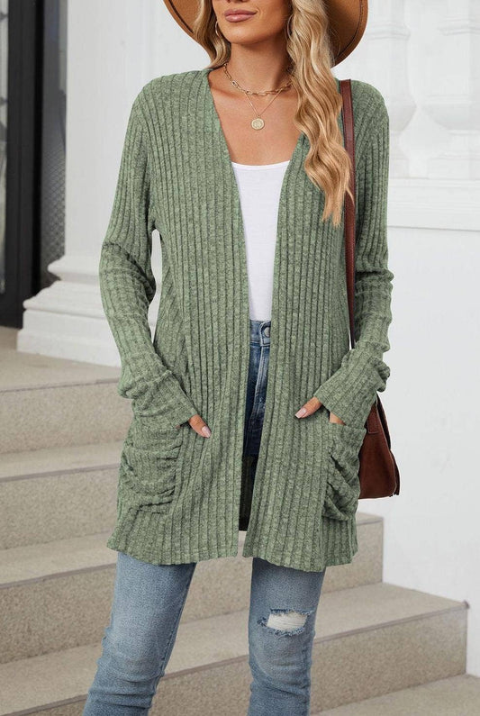 Solid Color Pocket Long Sleeved Cardigan Knitted Sweater