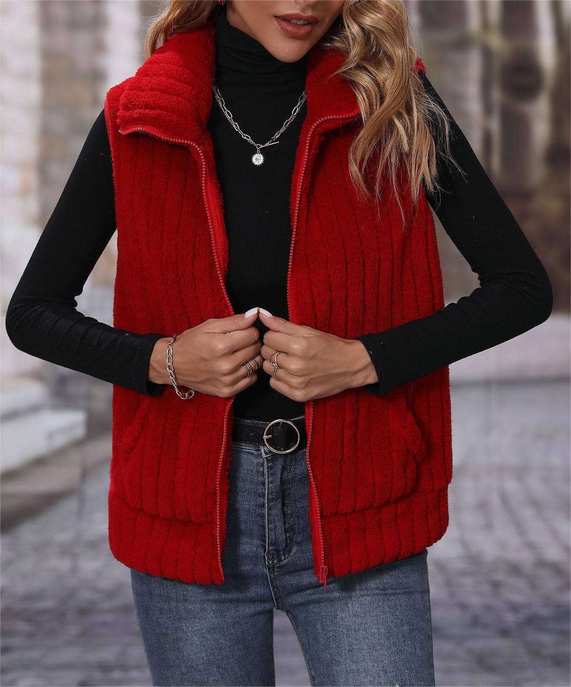 Fall warm sleeveless zip plush fleece outerwear vest