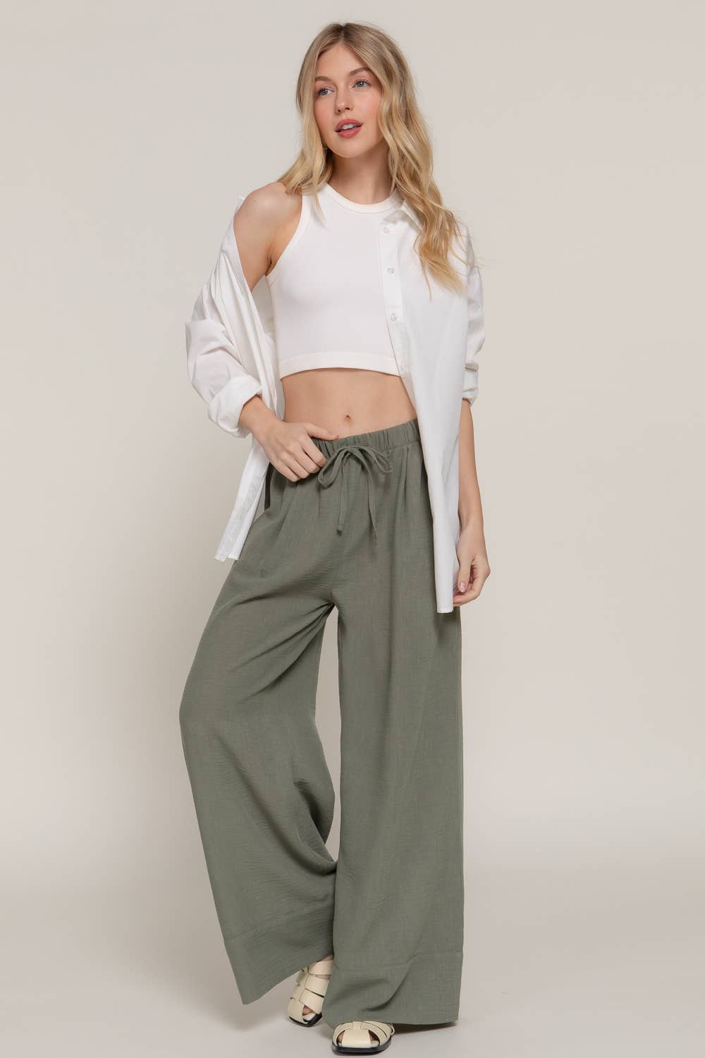 Waist Band With String Linen Effect Palazzo Pants