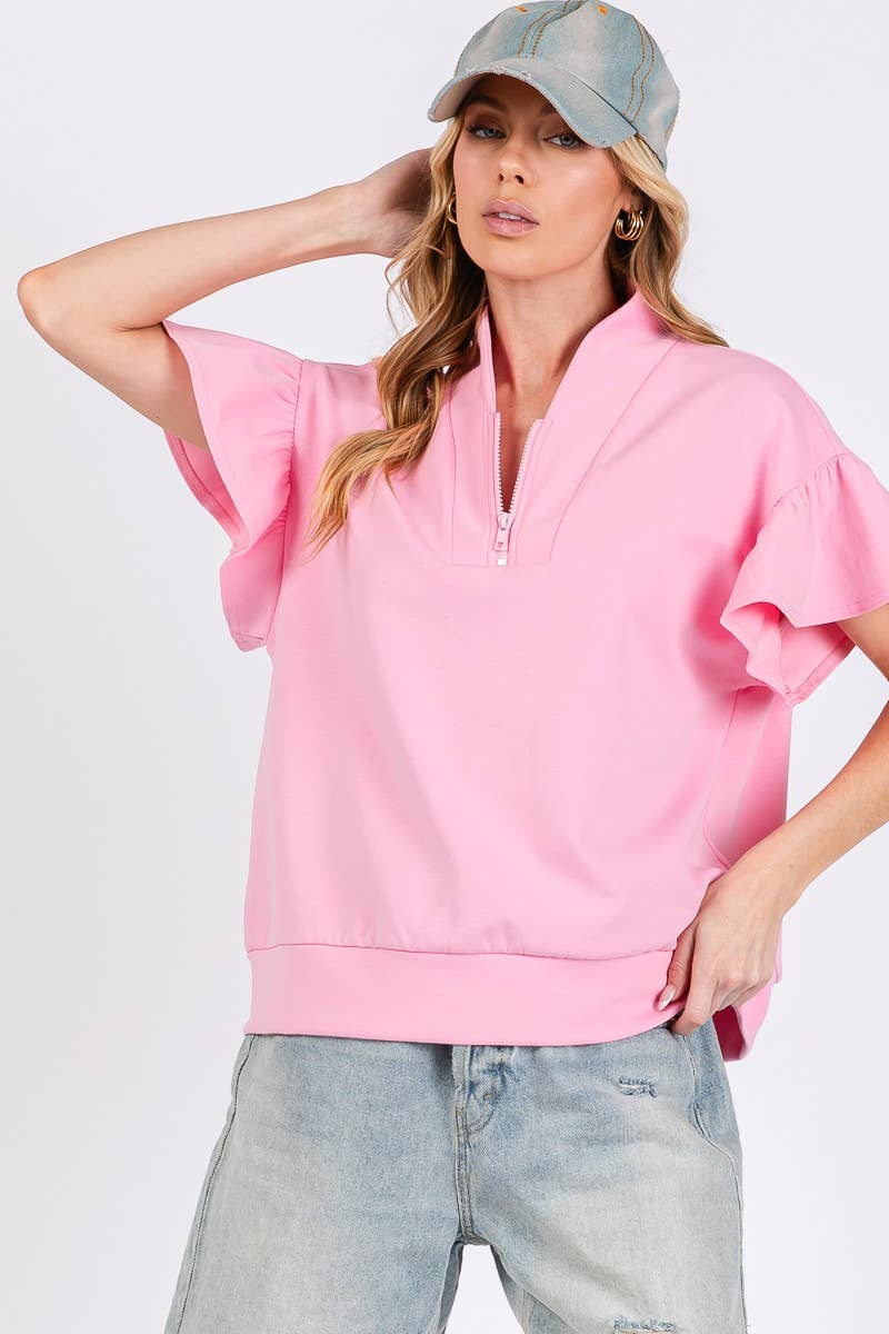 SCUBA HALF ZIP UP RUFFLE SLEEVE TOP