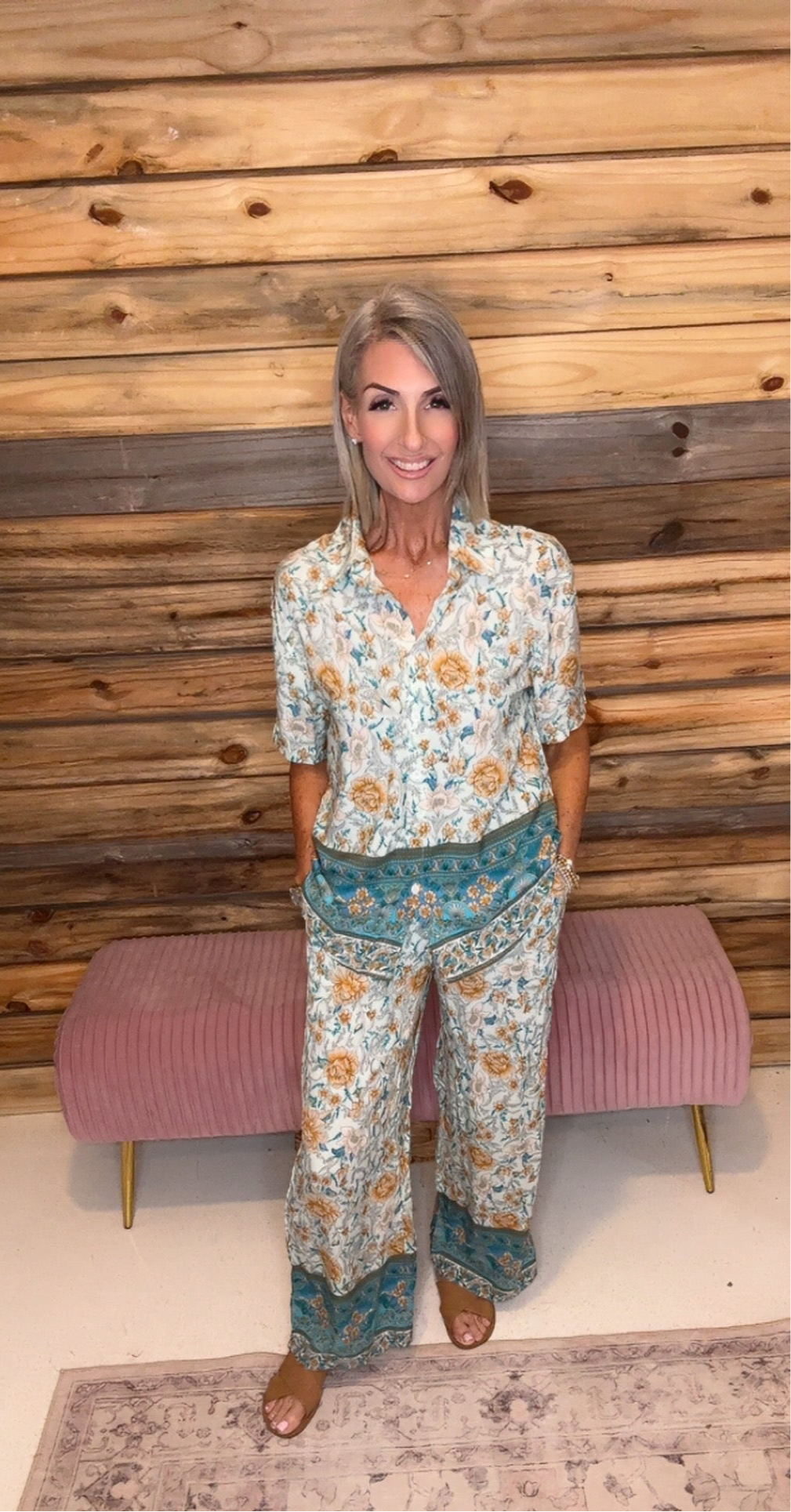 Two Pieces Button Down Boho Blouse Pant Sets