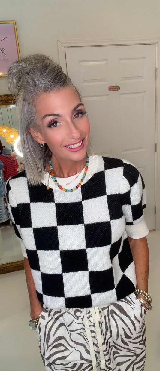 Gameday Theme Checker Patterned Puff Sleeves Knit Top