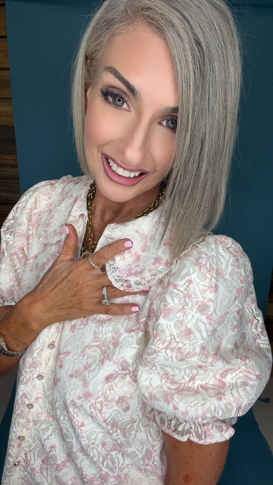 FLORAL LACE BUTTON UP COLLAR TOP