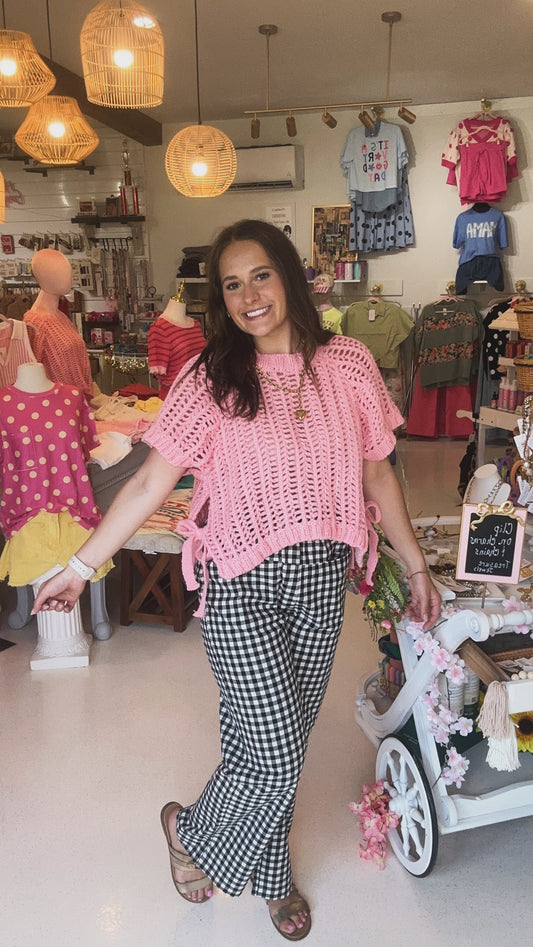 CHUNKY KNIT CROCHET SWEATER TOP WITH SIDE TIES