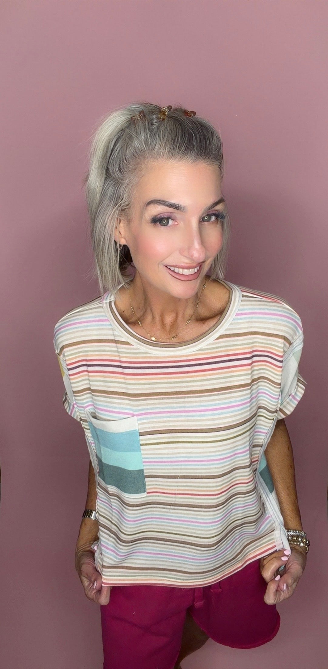 French Terry Mixed Stripe Knit Top