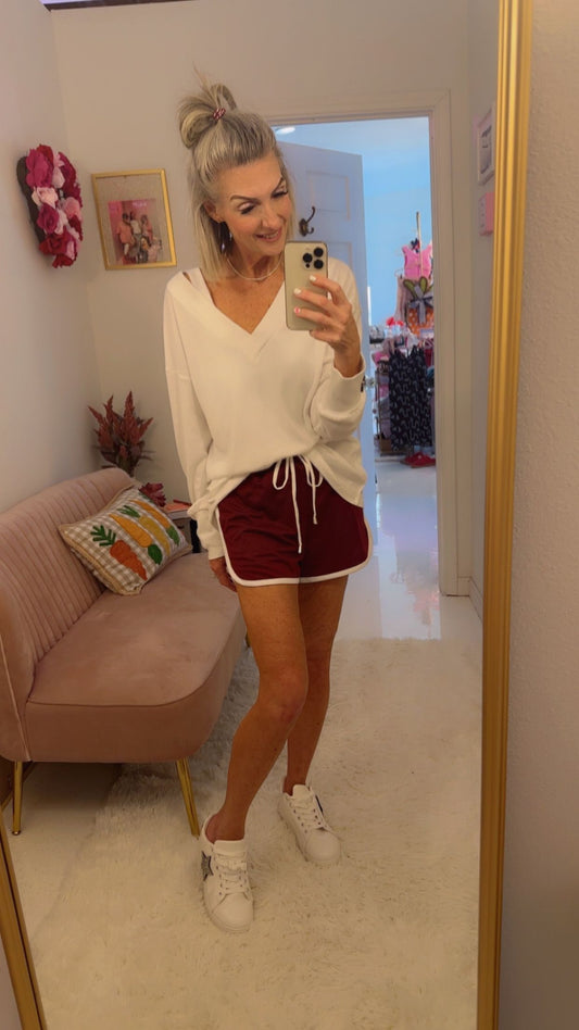 Solid V-neck Loose Long Sleeve Button Top