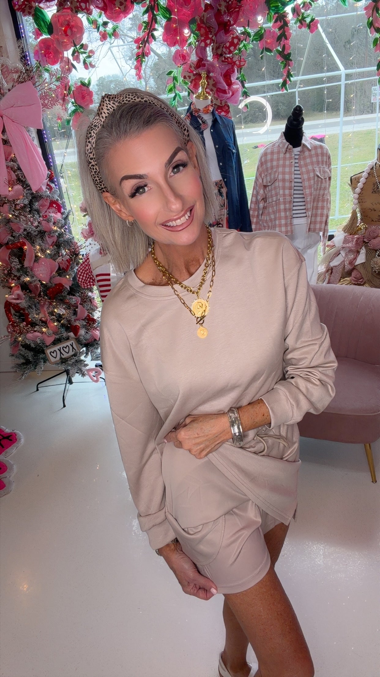 Solid Drop Shoulder Pullover & Drawstring Mini Skirt Outfit