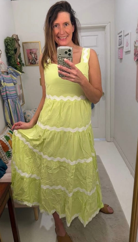 TIERED RIC RAC TRIM MIDI DRESS