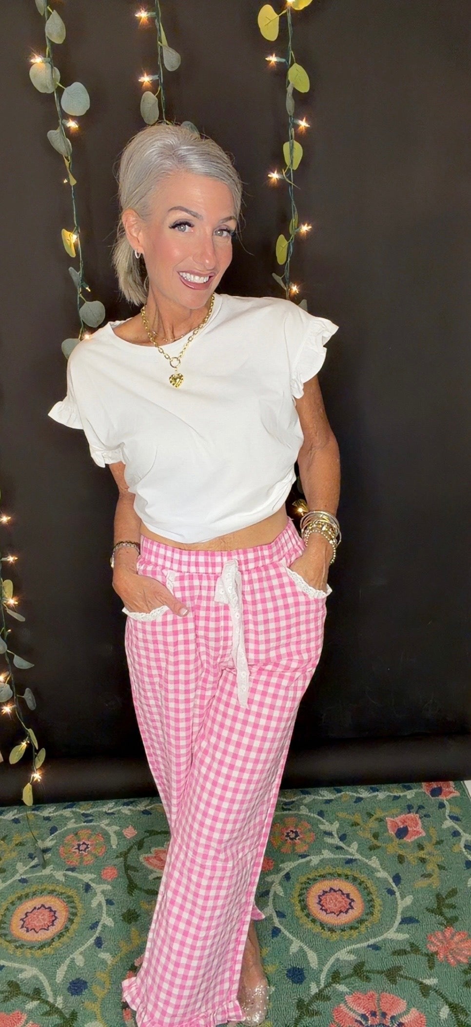 RUFFLED BOTTOM DETAIL CHECK GINGHAM LACE TRIM PANT
