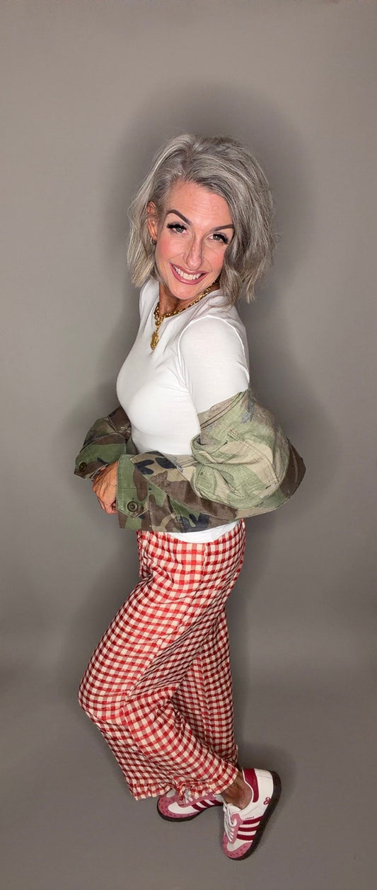 Gingham Print Ruffle Bottom Wide Leg Pants