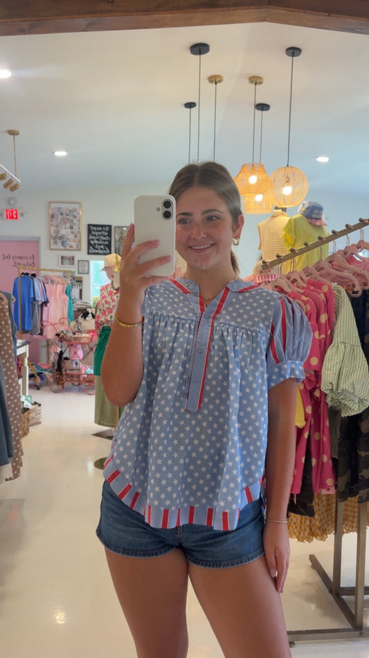 4TH OF JULY STRIPES AND STARS PUFF SLEEVES TOP