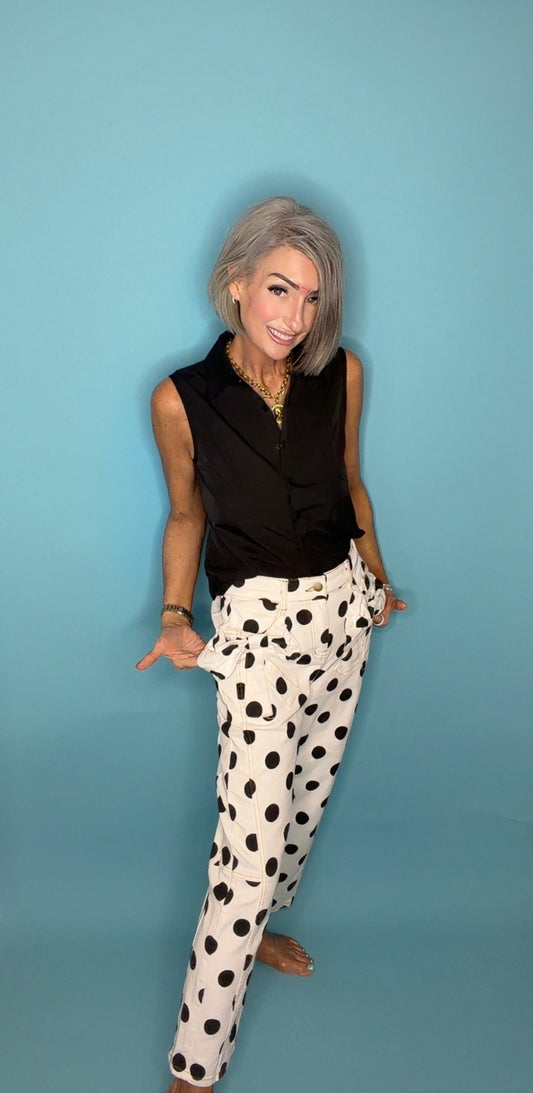 Polka Dot Print Bow Detail Pocketed Denim Pants