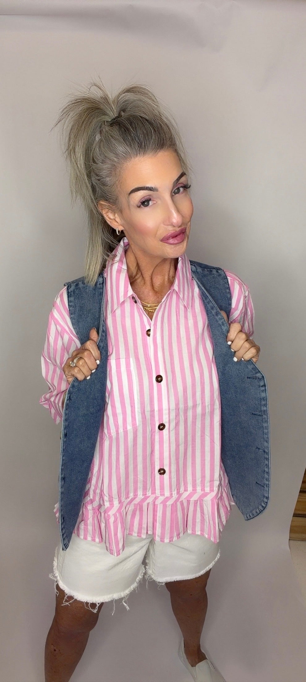 STRIPED BUTTON DOWN RUFFLE TOP