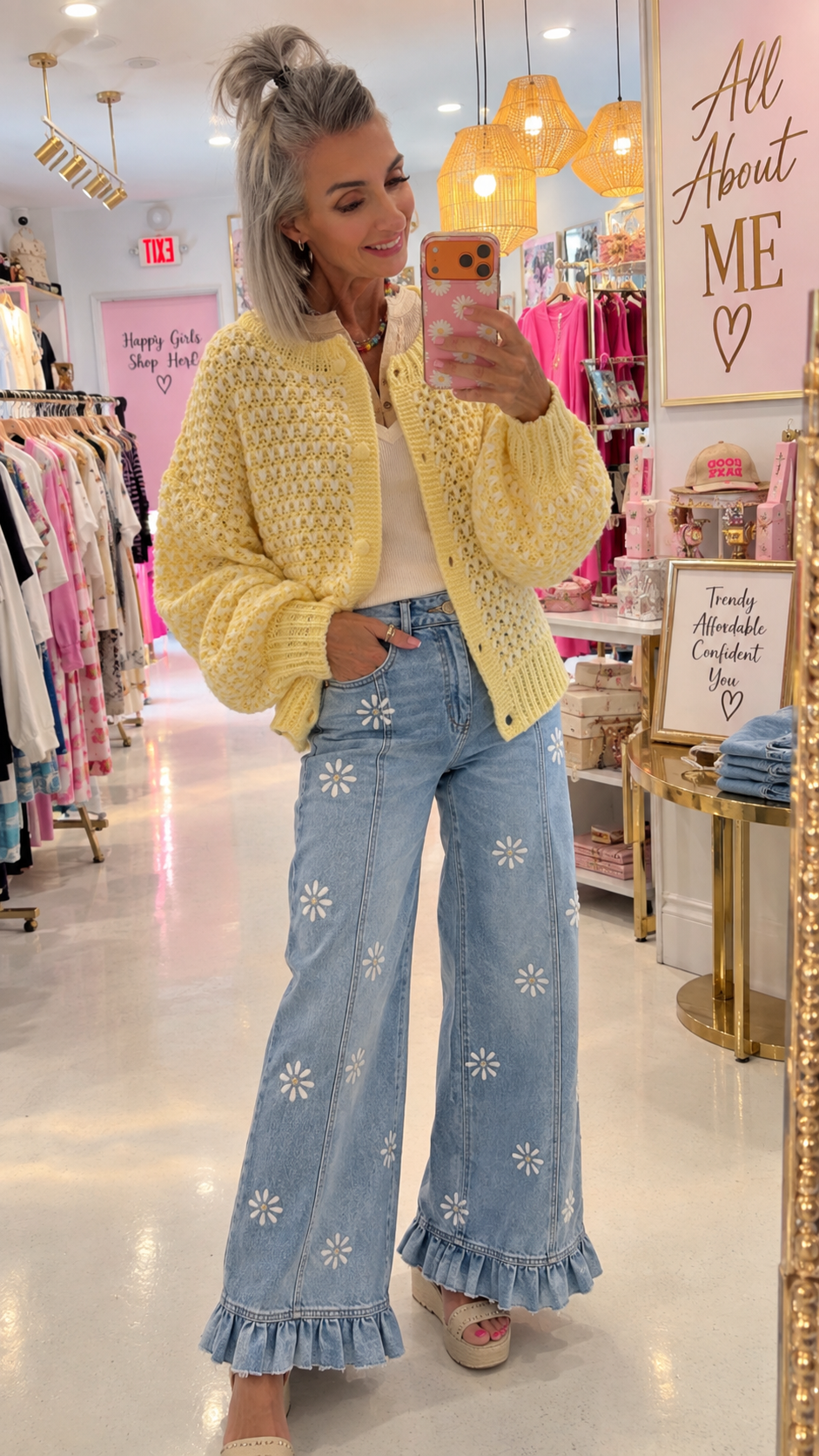 Daisy Print Ruffle Hem Wide Leg Pants