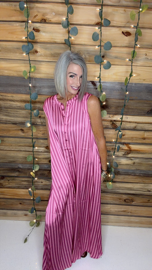 Wide Leg Stripe Soft Satin Jumpsuit