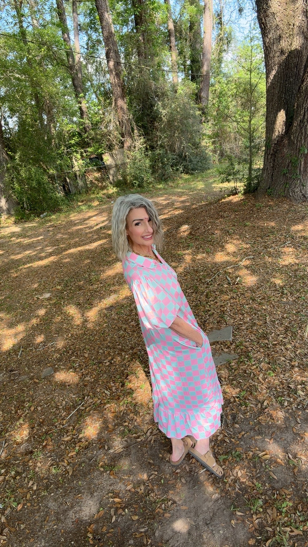 Pink & Light Blue Checkered Midi Dress with Pockets