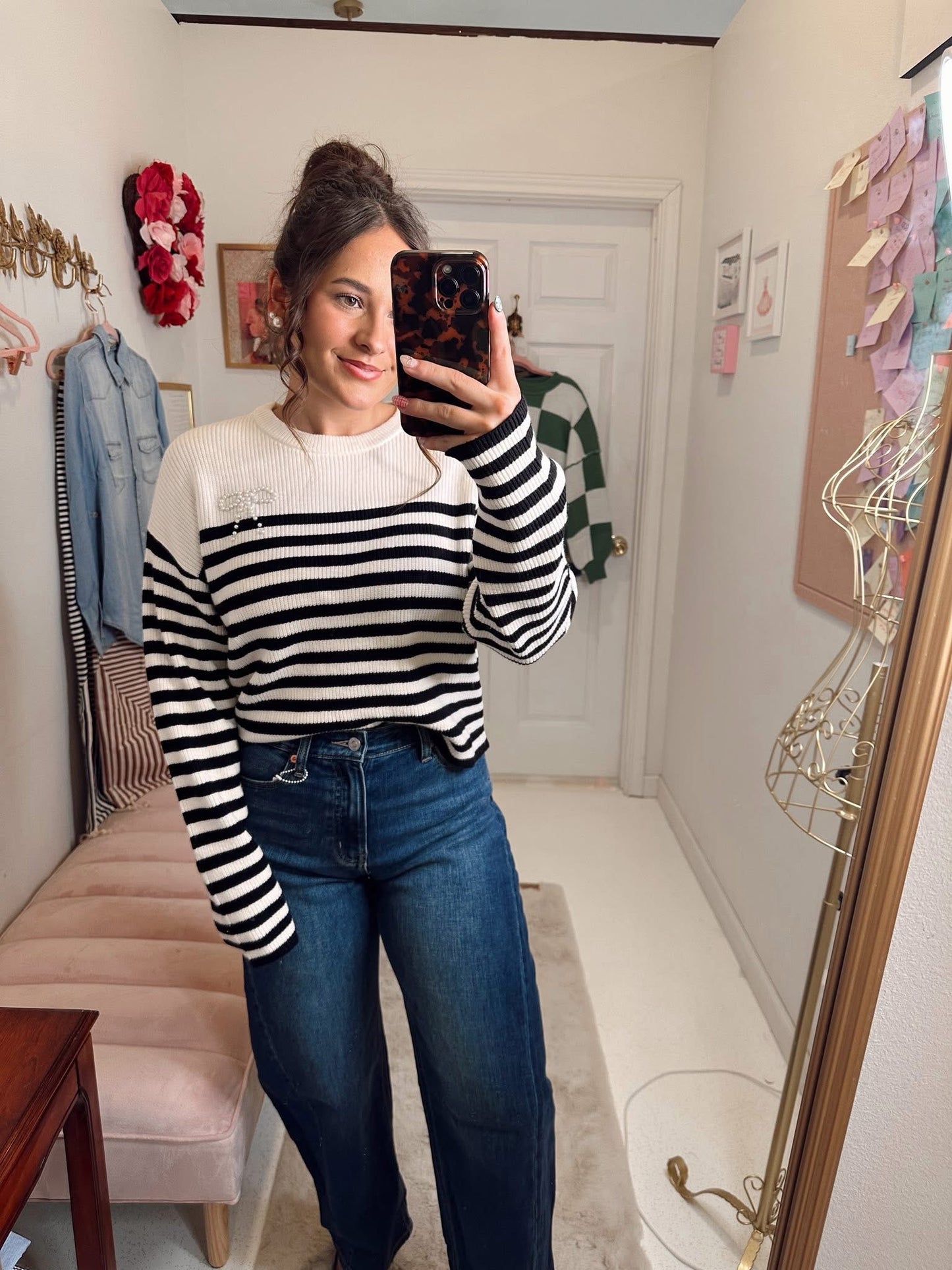 Long Sleeve Round Neck Pearl Bow Detail Stripe Sweater