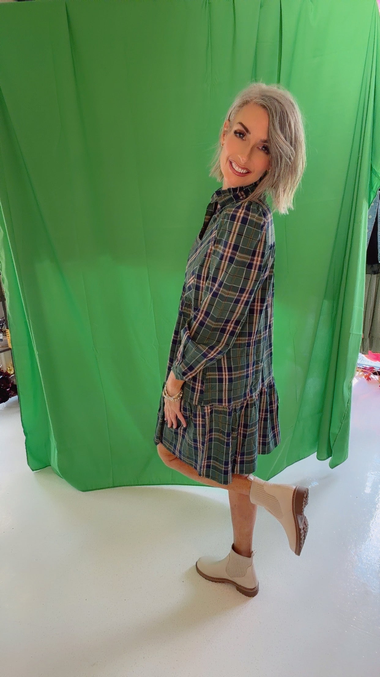 Plaid Print Frilly Collar Long Sleeve Mini Dress Green / Missy / L