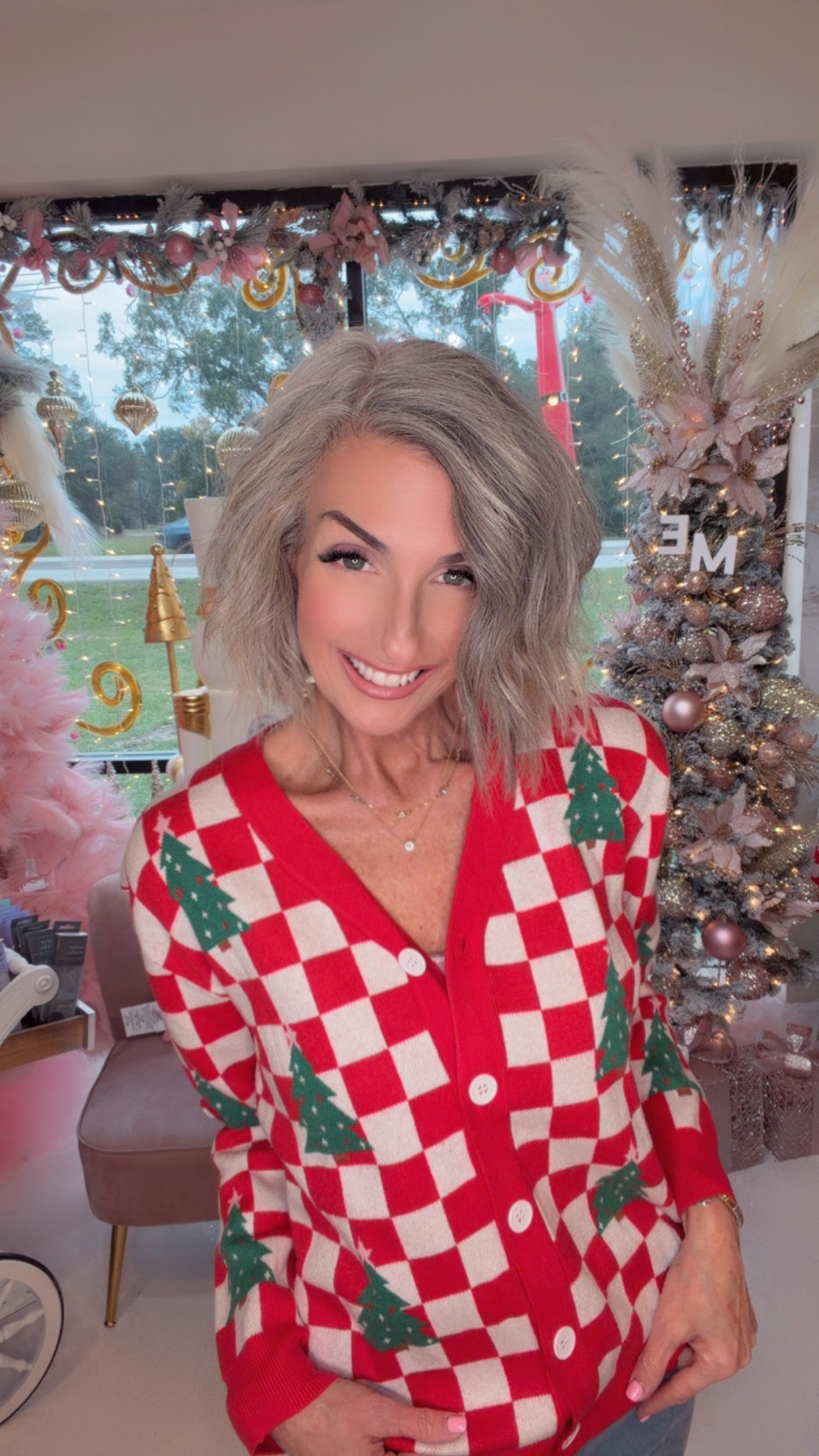 Red Checkered Christmas Tree Pattern Button V Neck Cardigan Sweater