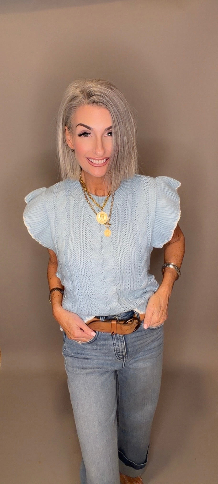 Cable Knit Ruffle Sleeve Sweater