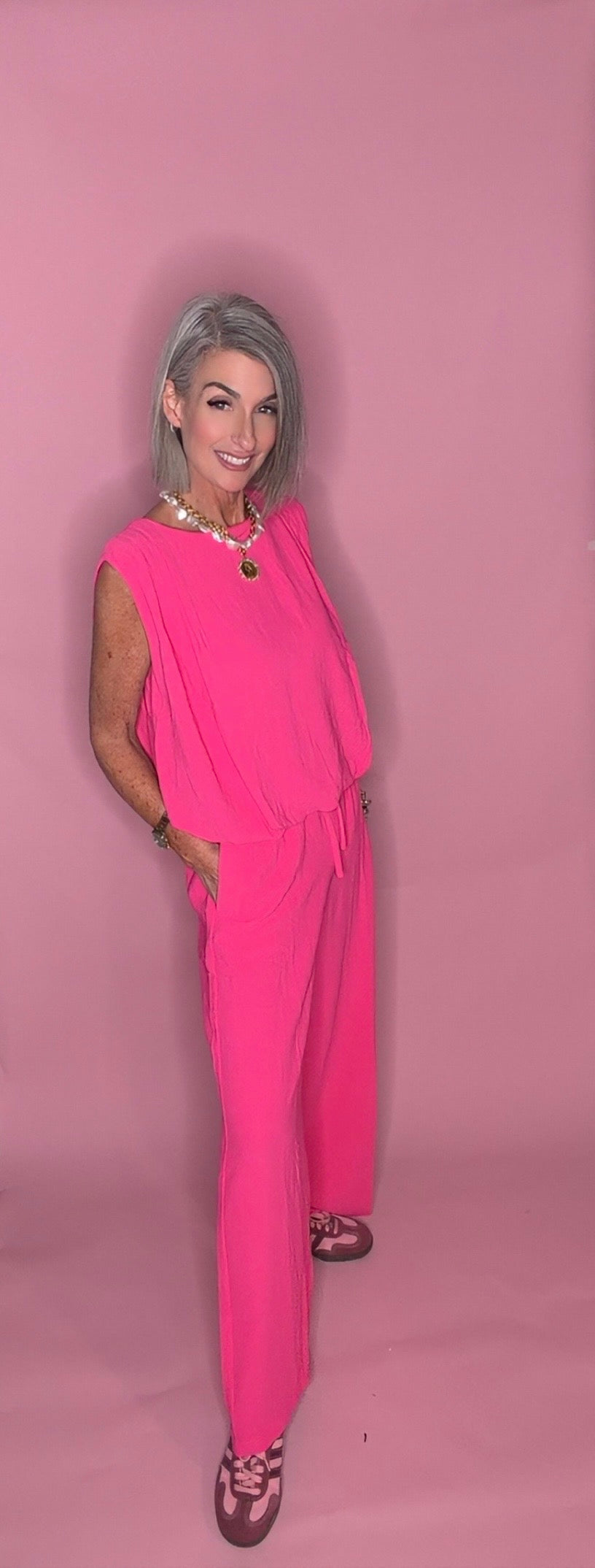 Sleeveless Blouson Top And Wide-leg Pant Set