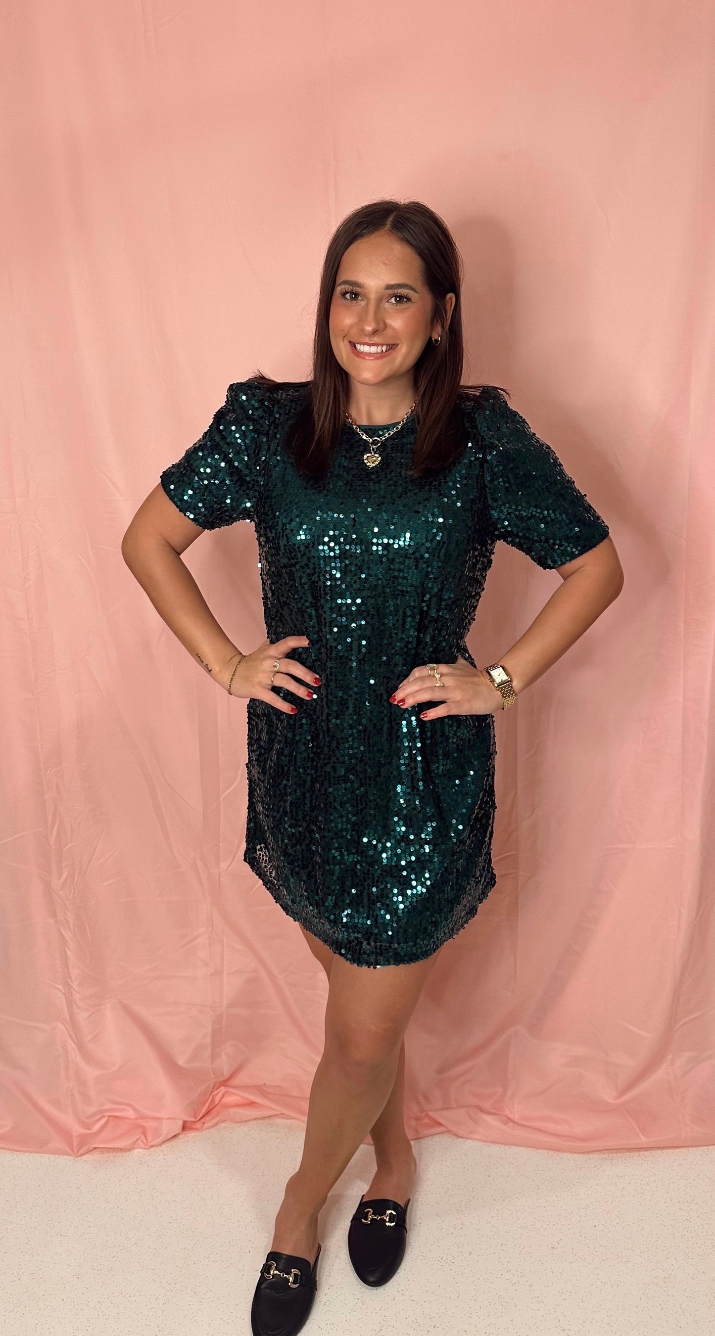 Round Neck Short Puff Sleeve Sequin Mini Dress