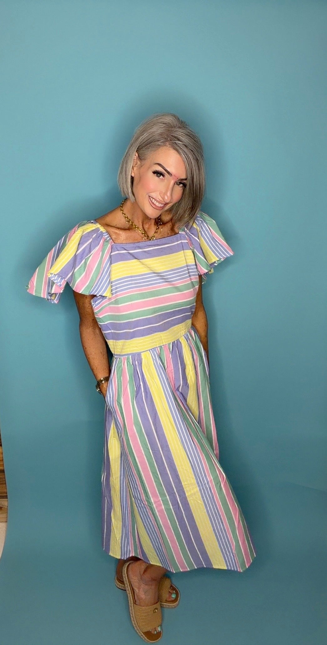 Rainbows Multi Stripe Wide Ruffle Sleeve Dress