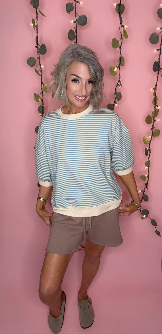 Loose Fit Striped Short Sleeve Crew Neckline Top